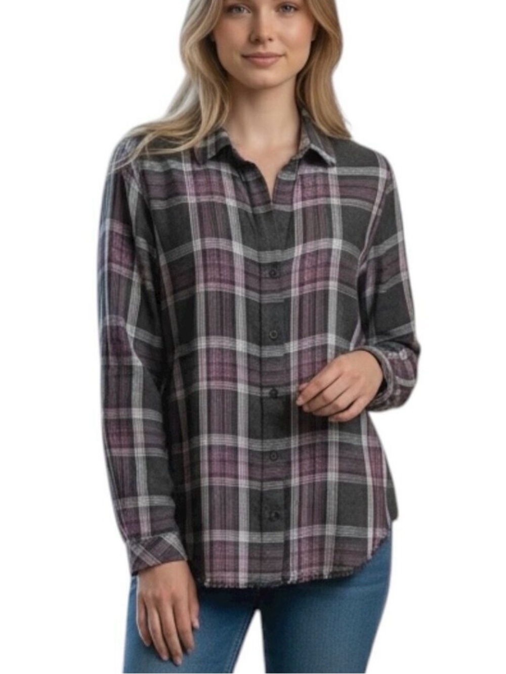 Anthropologie Cloth & Stone Plaid Flannel Shirt Sz M Gray Cottage Western